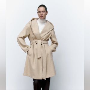 ZARA BELTED HOODED SOFT COAT - BEIGE - Size XS